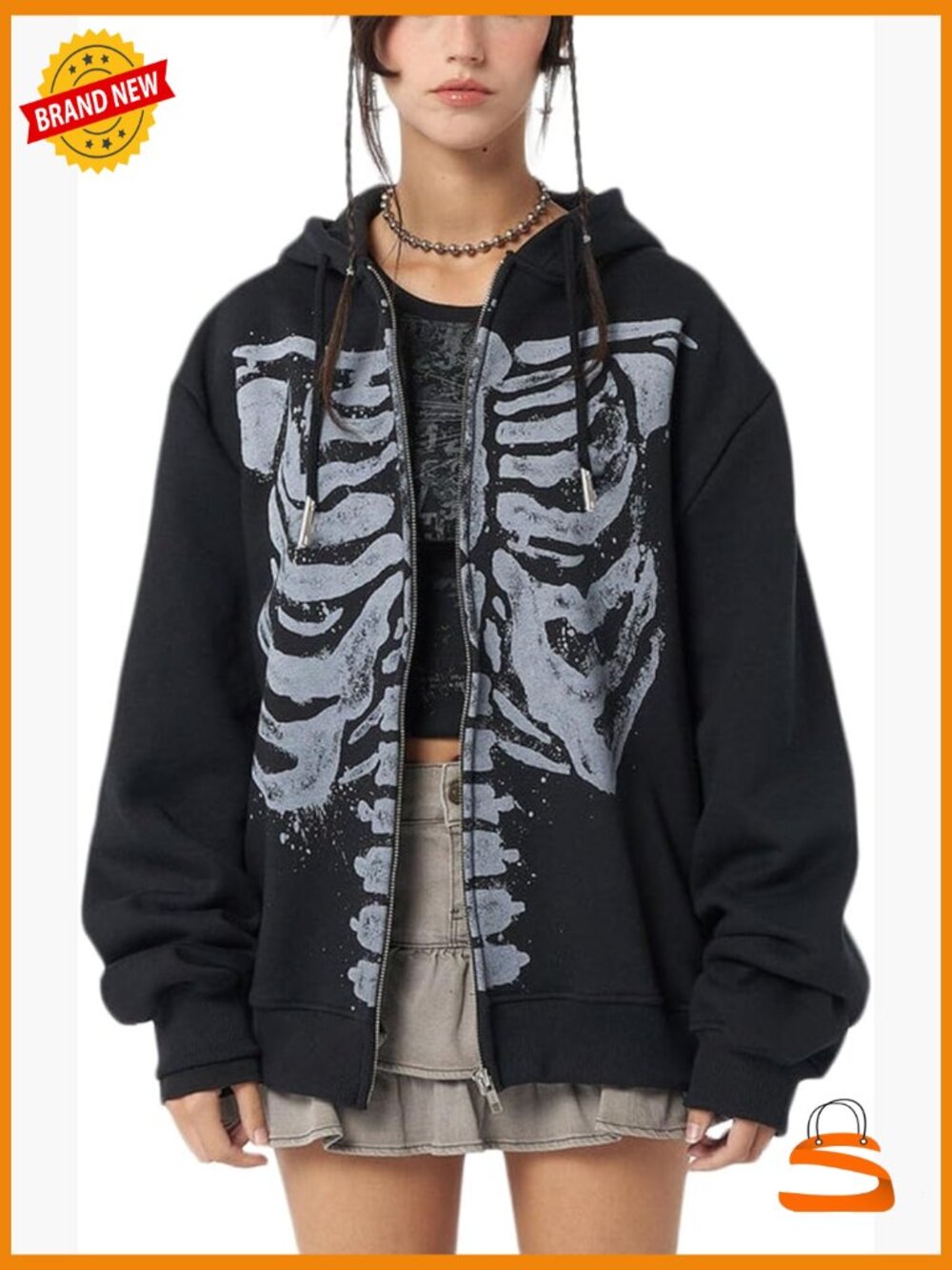 Y2k Oversized Zip Up Hoodie Skeleton Graphic Grunge Sweatshirt